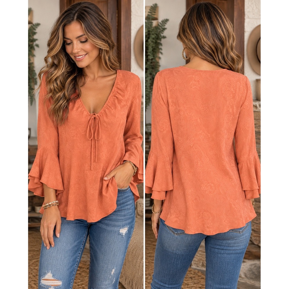 Anne Carson 100% Silk Paisley Jacquard V-Neck Ruffle Bell Sleeve Blouse Orange L
